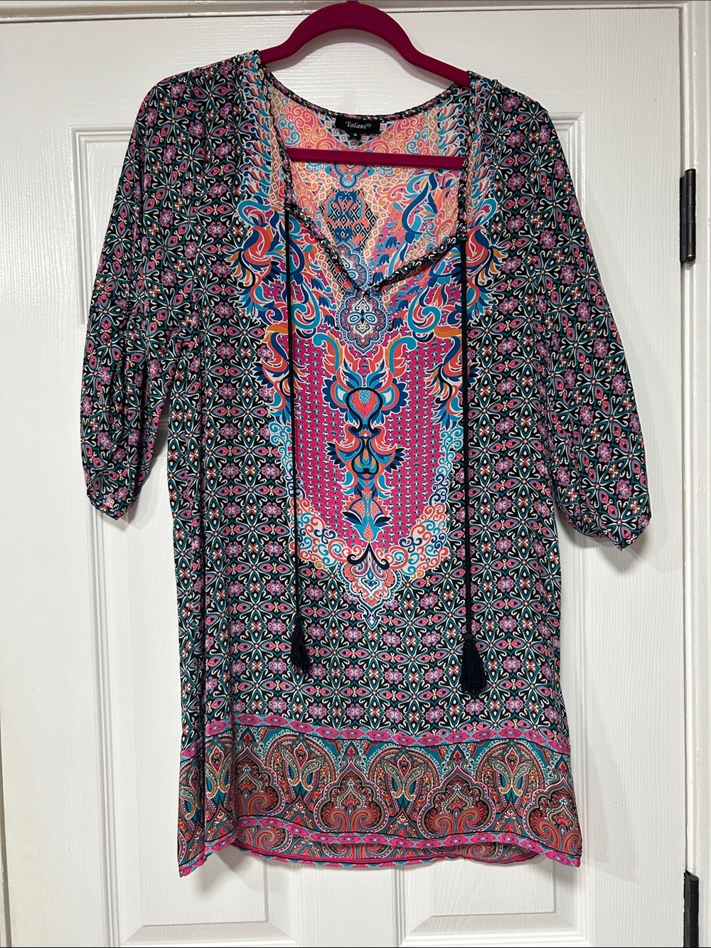 Tolani Silk Multicolor Paisley and Mosaic Tunic - Pink, Blue, Black